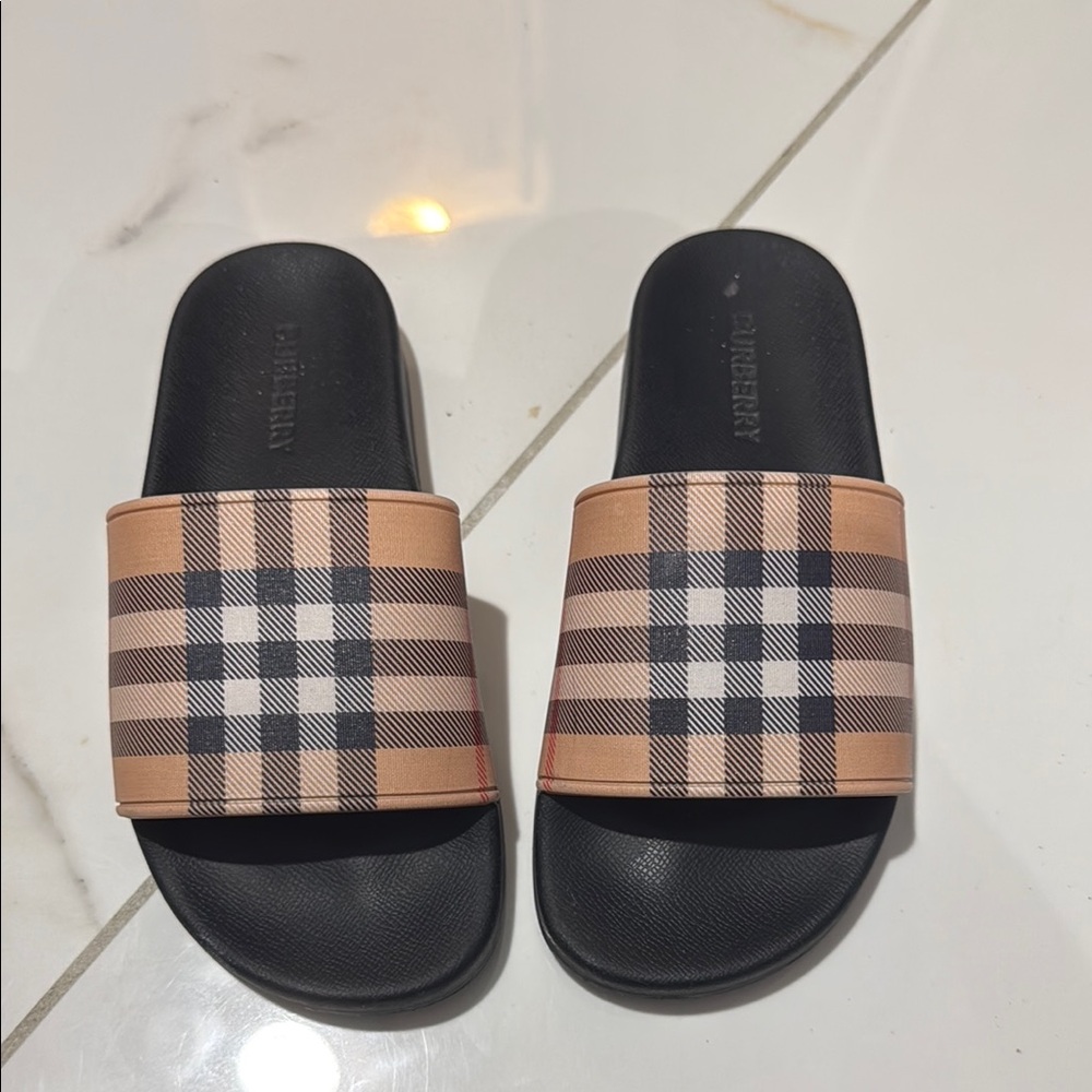 Burberry Black and Brown Plaid Slides